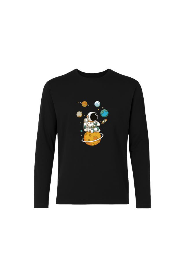 Erkek Pamuklu Uzun Kollu Üst Astronot Baskılı Alt Çizgili Pijama Takımı Siyah - Beyaz - 2XL