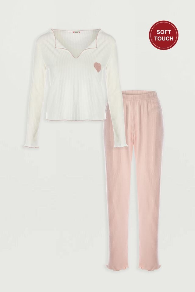 Kadın Soft Touch Fitilli Kalp Detaylı Uzun Kollu Pijama Takımı Ekru - Pudra - L