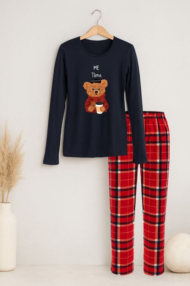 Kadın Yumuşak Dokulu Ayıcık Baskılı Ekose Desenli Pijama Takımı Kırmızı - L/XL