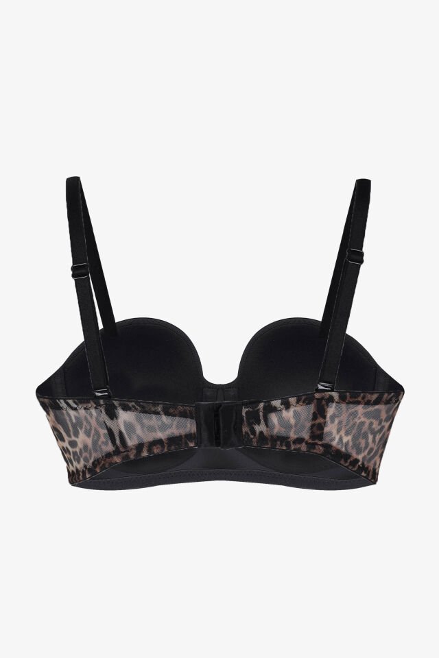 Kadın Dolgusuz Tül Detaylı Leopar Desenli Toparlayıcı Straplez Sütyen Siyah - Kahverengi - 90B