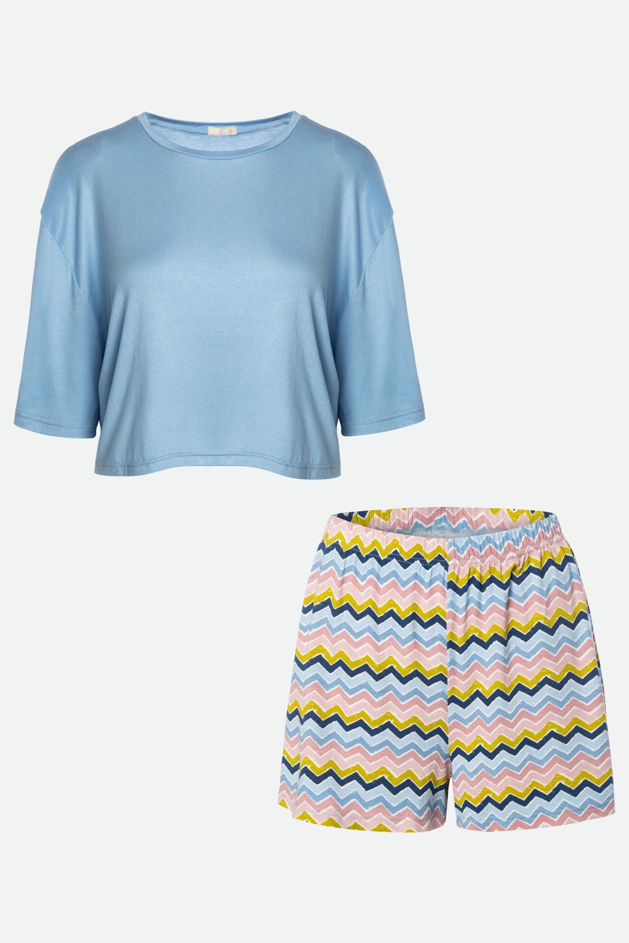 Kadın Pamuklu Kısa Kollu Şortlu Pijama Takımı M - Mavi -Sarı