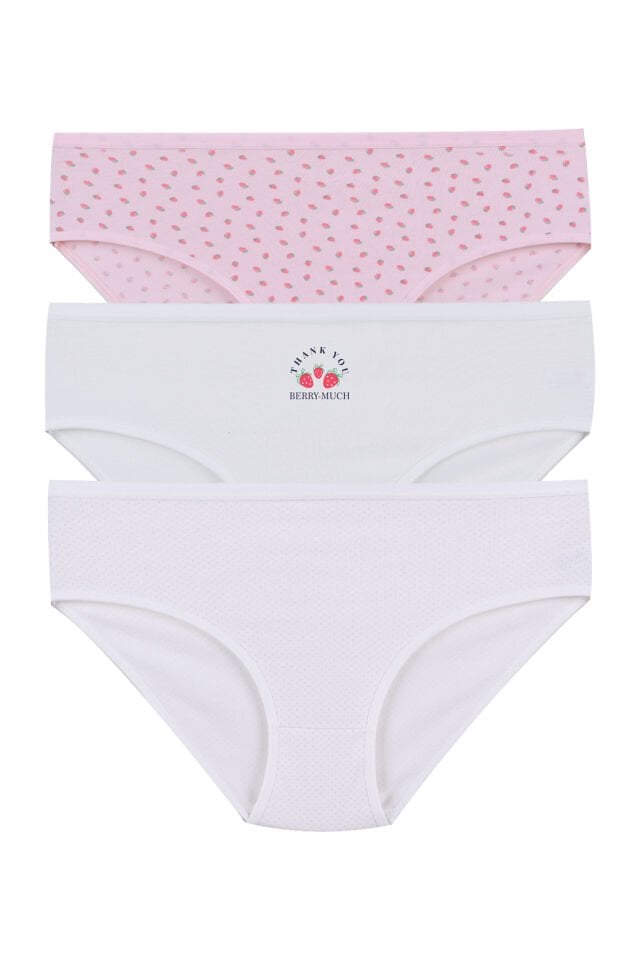 3'lü Desenli Pamuklu Yüksek Bel Bato Pembe  -  Ekru - 3XL
