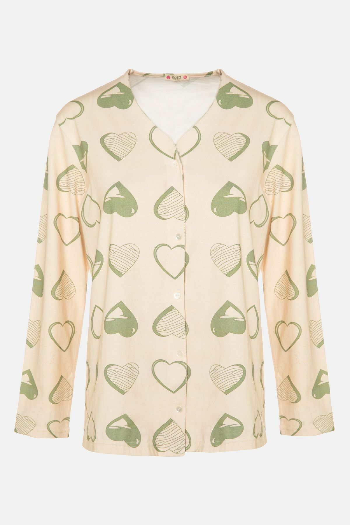 Kadın Kalp Desenli V Yaka Düğmeli Pijama Takımı Ekru-Yeşil - 2XL