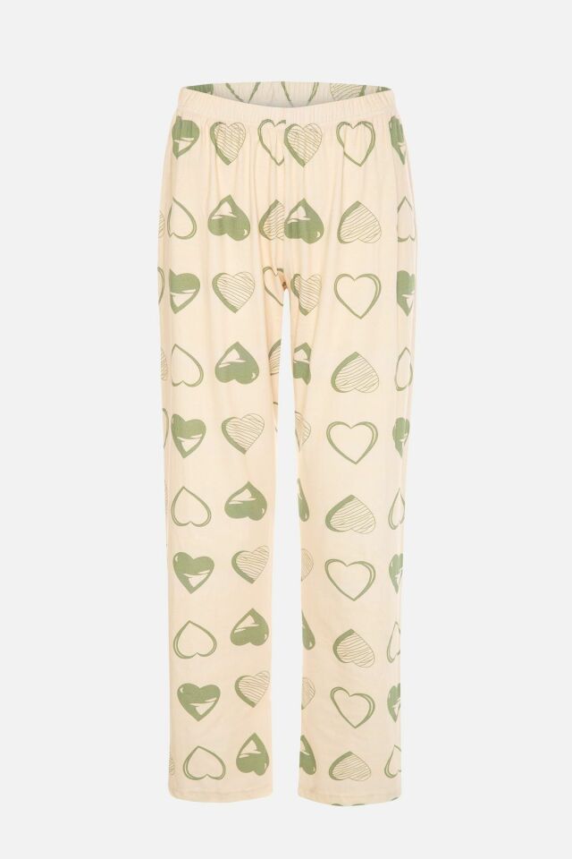 Kadın Kalp Desenli V Yaka Düğmeli Pijama Takımı Ekru-Yeşil - 2XL