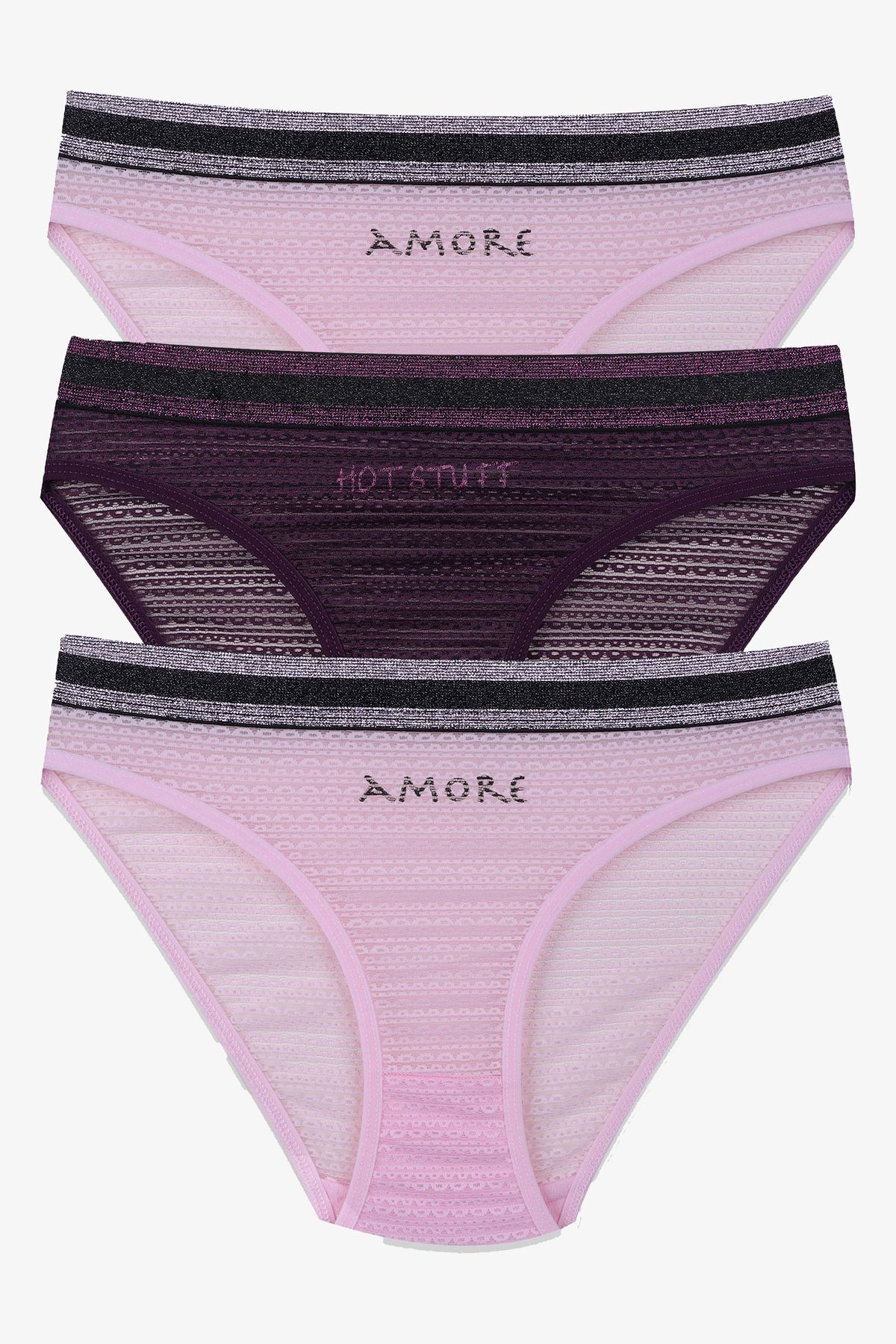 Kadın 3'lü Dantelli - Baskılı Külot 2pembe1mor - M