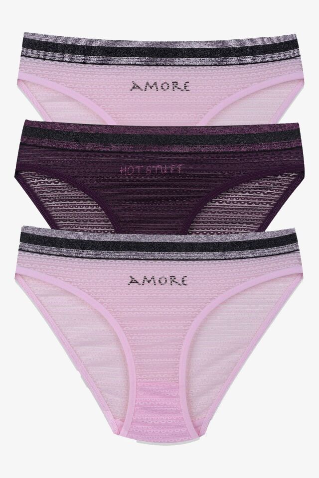 Kadın 3'lü Dantelli - Baskılı Külot 2pembe1mor - M