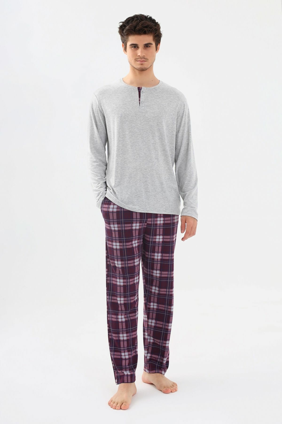 Erkek Pamuklu Uzun Kollu Önü Patlı Ekose Desenli Pijama Takımı KO60105 Mor Ekose Desen - 2XL