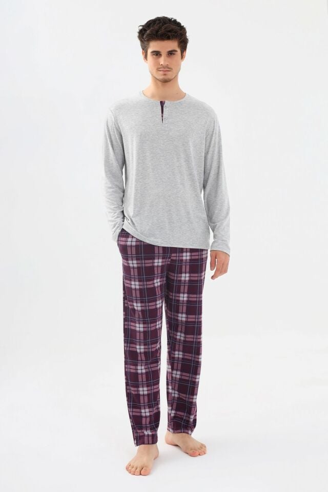 Erkek Pamuklu Uzun Kollu Önü Patlı Ekose Desenli Pijama Takımı KO60105 Mor Ekose Desen - 2XL