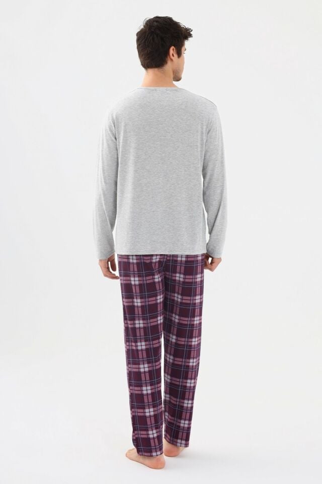 Erkek Pamuklu Uzun Kollu Önü Patlı Ekose Desenli Pijama Takımı KO60105 Mor Ekose Desen - 2XL