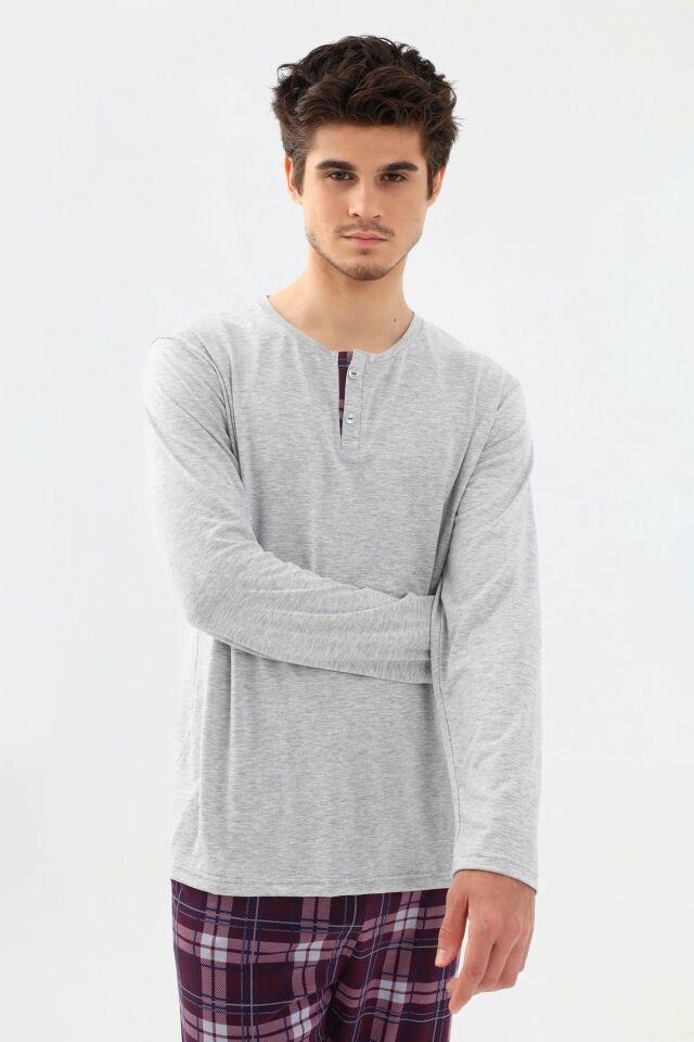 Erkek Pamuklu Uzun Kollu Önü Patlı Ekose Desenli Pijama Takımı KO60105 Mor Ekose Desen - 2XL