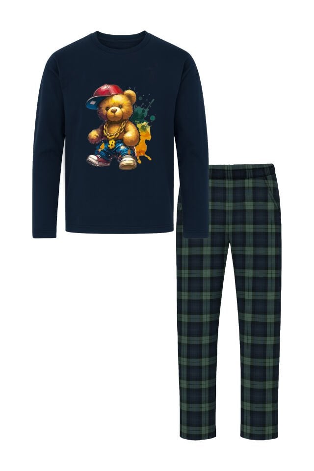 Erkek Pamuklu Ayıcık Baskılı Ekoseli Cepli Pijama Takımı Lacivert -Yeşil - 2XL