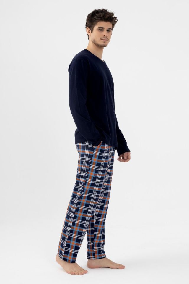 Erkek Pamuklu Uzun Kollu Ekose Desenli Pijama Takımı Turuncu Ekose - L