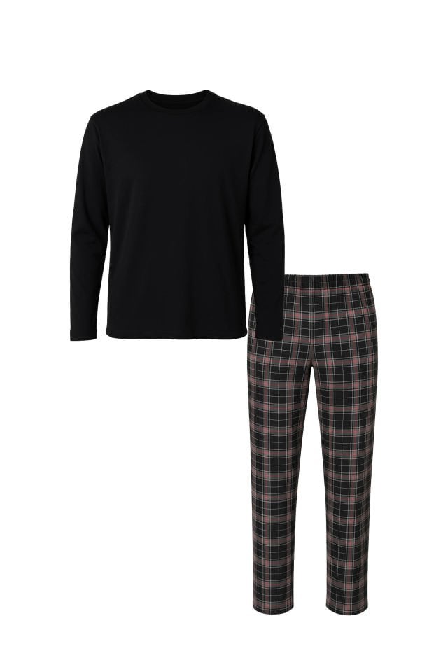 Erkek Pamuklu Uzun Kollu Yamalı Ekose Desenli Pijama Takımı Siyah - Kırmızı - XL