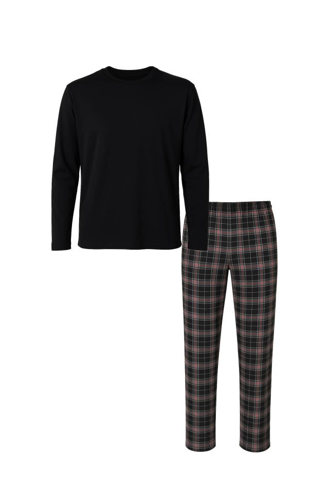 Erkek Pamuklu Uzun Kollu Yamalı Ekose Desenli Pijama Takımı Siyah - Kırmızı - 2XL