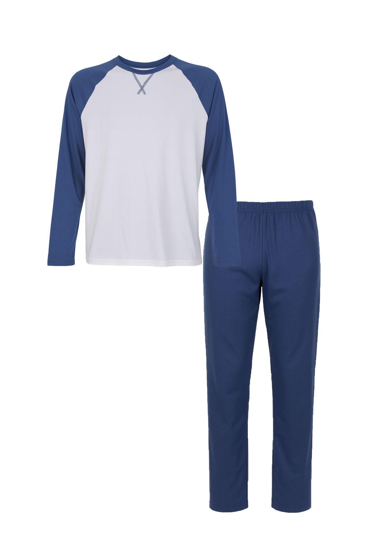 Erkek Pamuklu Uzun Kollu Cepli Pijama Takımı Mavi - Beyaz - XL