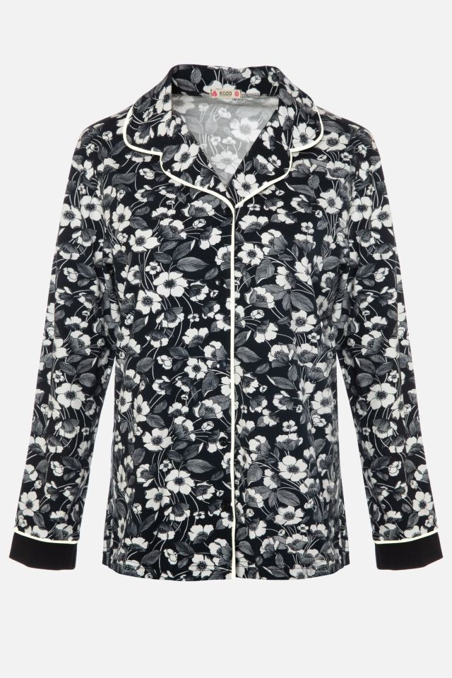 Kadın Pamuklu Çiçek Desenli Ara Biyeli Gömlek Yaka Uzun Kollu Pijama Takımı Desenli