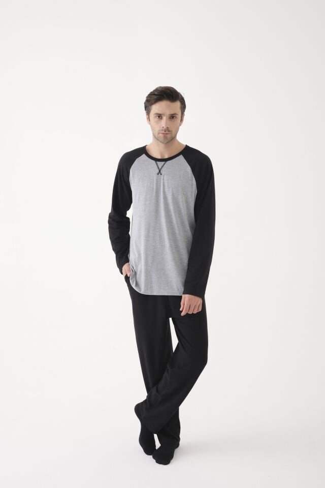 Erkek Pamuklu Uzun Kollu Cepli Pijama Takımı 2XL - Gri - Siyah
