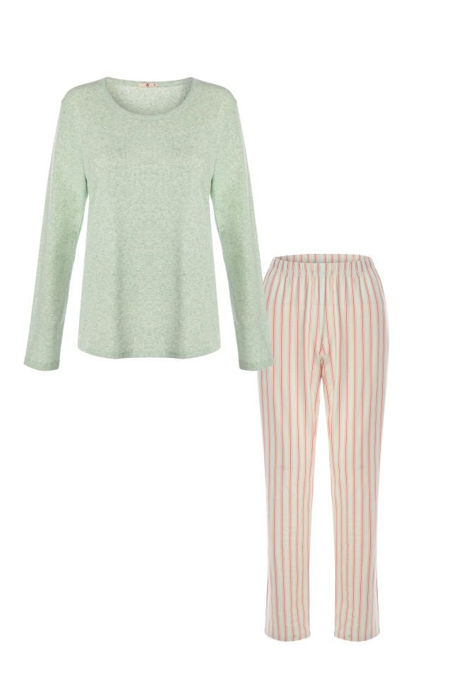Kadın Pamuklu Kaşkorse Üst Etiket Detaylı Çizgili Pijama Takımı Gri - Pembe - XL