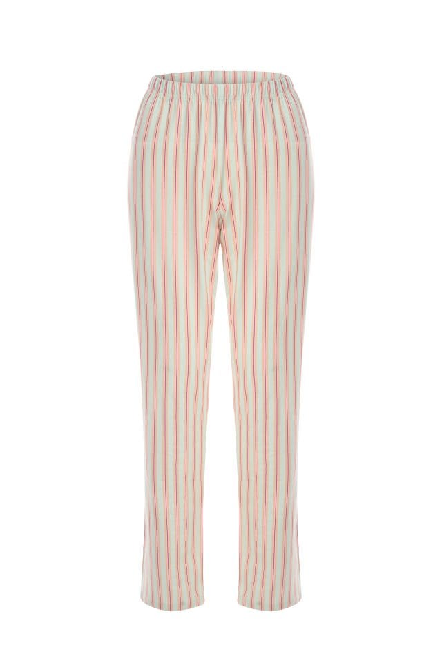 Kadın Pamuklu Kaşkorse Üst Etiket Detaylı Çizgili Pijama Takımı XL