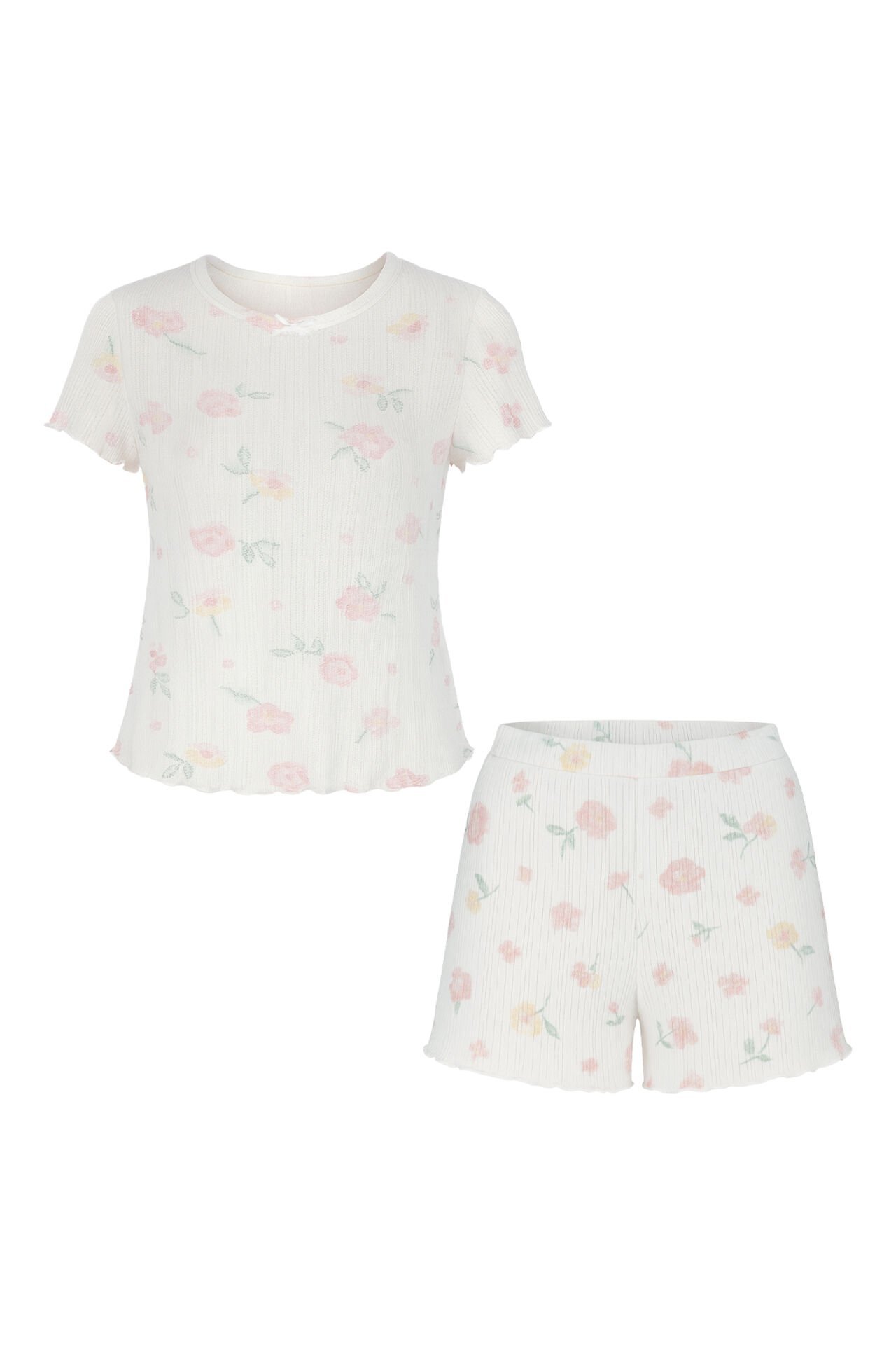 Kadın Pamuklu Çiçek Desenli Kısa Kollu Şortlu Pijama Takımı Pembe -  Beyaz - XL