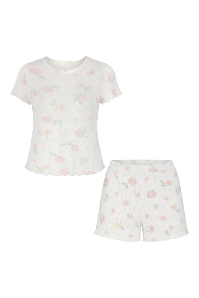 Kadın Pamuklu Çiçek Desenli Kısa Kollu Şortlu Pijama Takımı Pembe -  Beyaz - XL