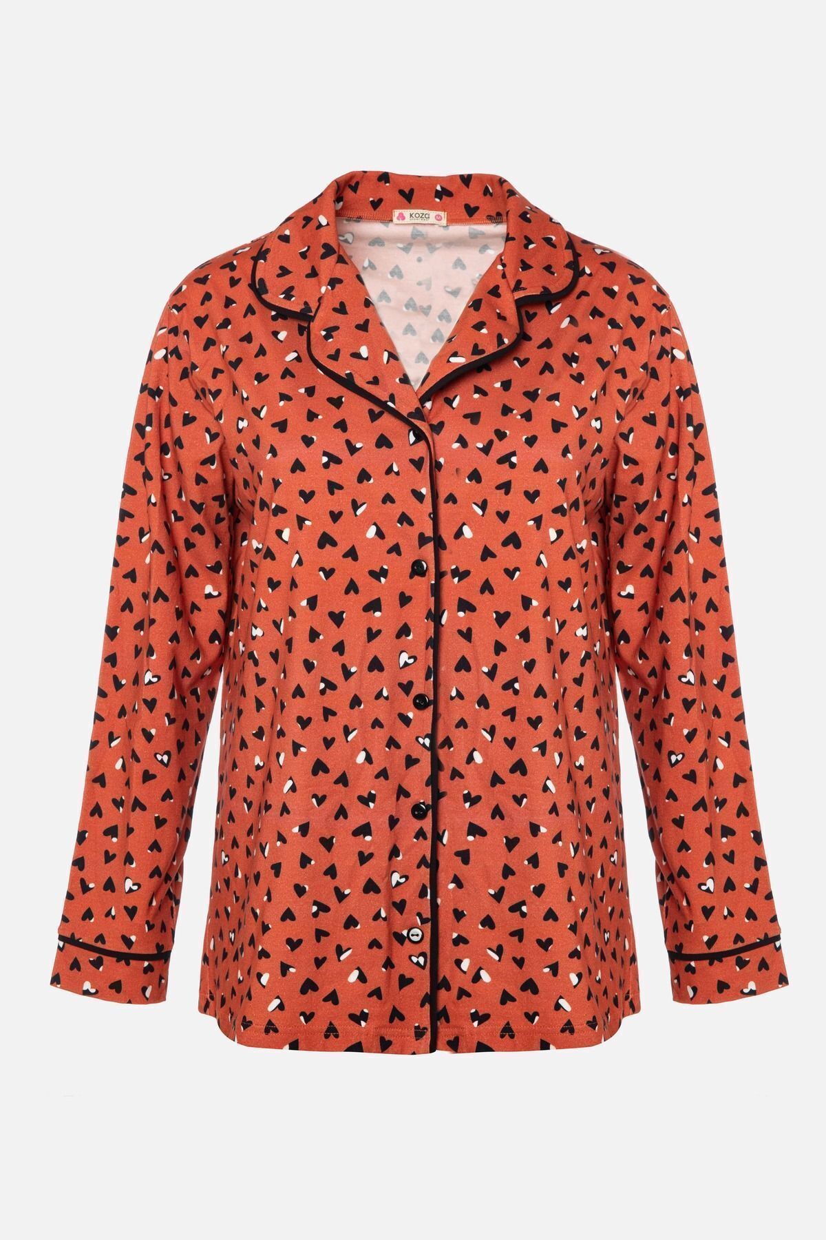 Kadın Pamuklu Kalp Desenli Ara Biyeli Gömlek Yaka Uzun Kollu Pijama Takımı Desenli - L