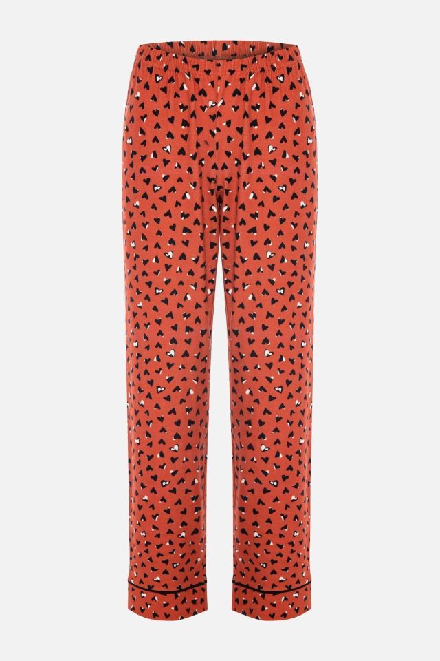 Kadın Pamuklu Kalp Desenli Ara Biyeli Gömlek Yaka Uzun Kollu Pijama Takımı Desenli - L