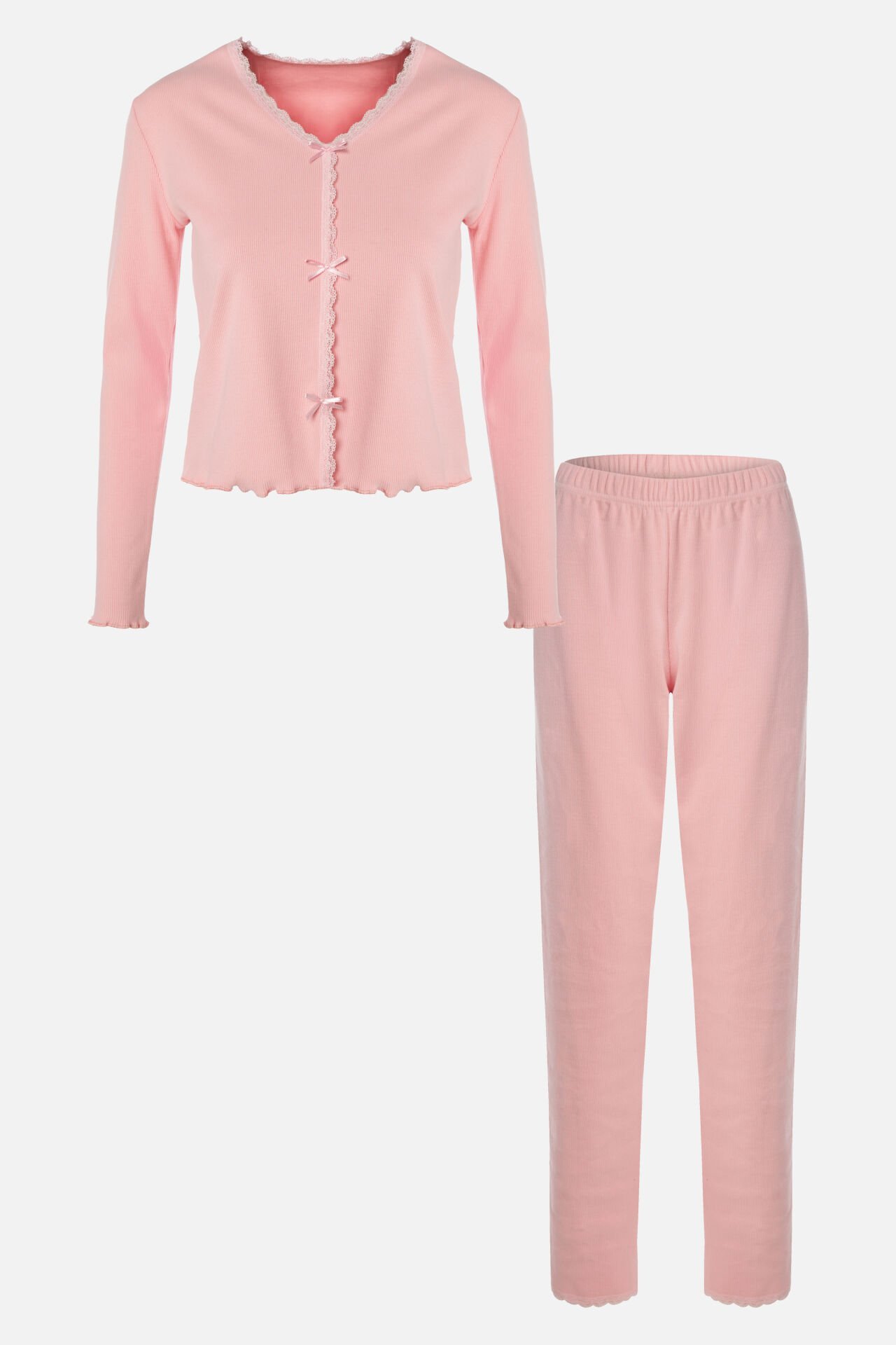 Kadın Pamuklu Dantel ve Kurdele/Fiyonk Detaylı Kaşkorse Renkli Pijama Takımı S - Pembe