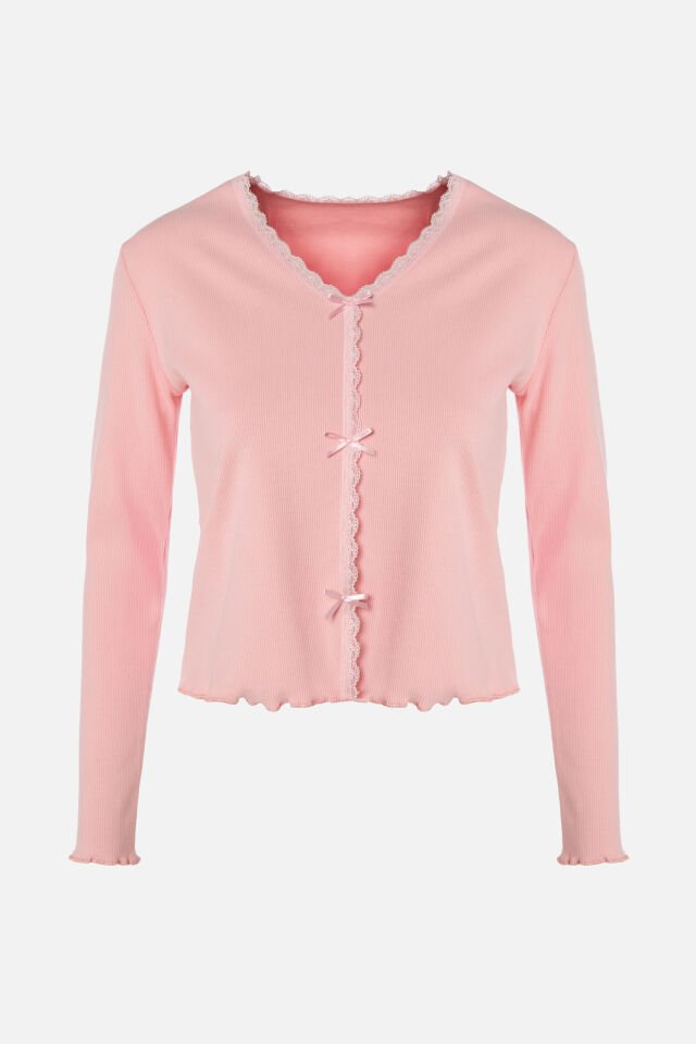 Kadın Pamuklu Dantel ve Kurdele/Fiyonk Detaylı Kaşkorse Renkli Pijama Takımı S - Pembe