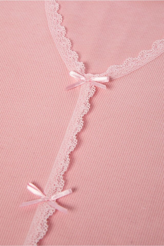 Kadın Pamuklu Dantel ve Kurdele/Fiyonk Detaylı Kaşkorse Renkli Pijama Takımı S - Pembe