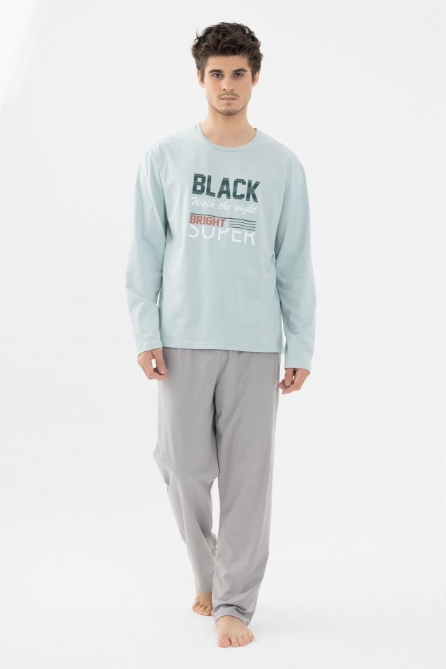 Erkek Pamuklu Basic Uzun Kollu Baskılı ve Cep Detaylı Pijama Takımı Mint - Gri - XL