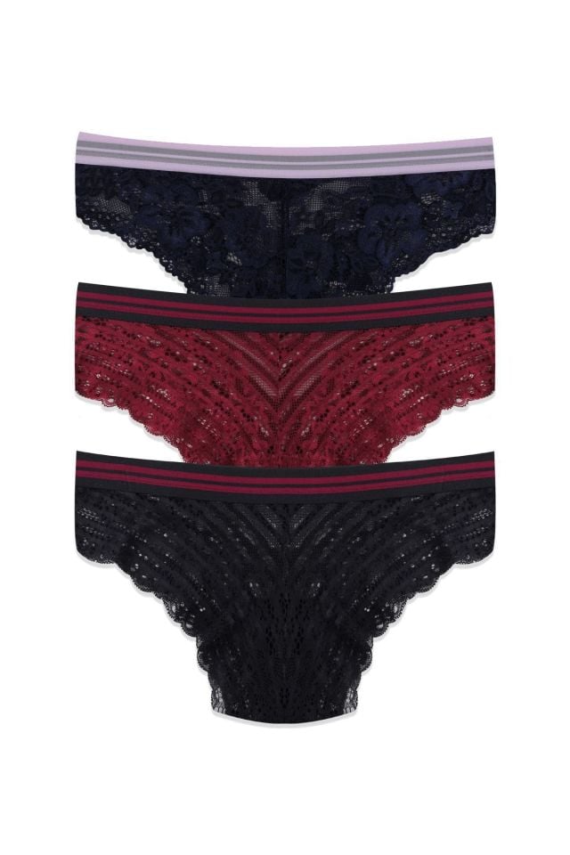 Kadın  3'lü Çizgili Lastikli Dantelli Külot Lacivertbordosiyah