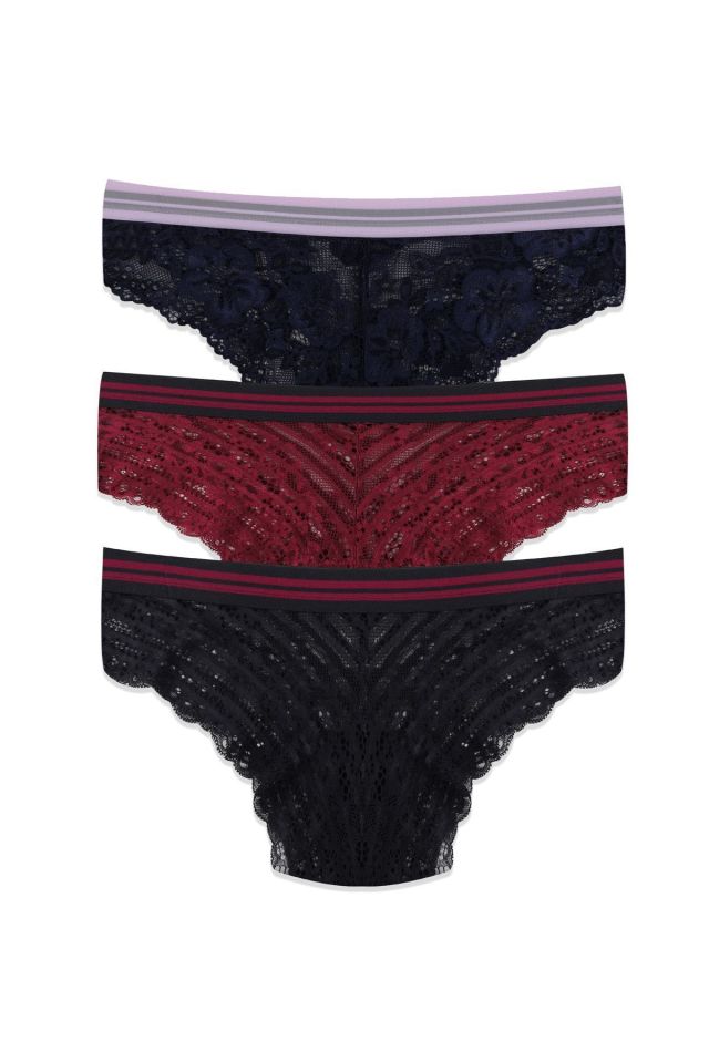 Kadın 3'lü Çizgili Lastikli Dantelli Külot Lacivertbordosiyah - M