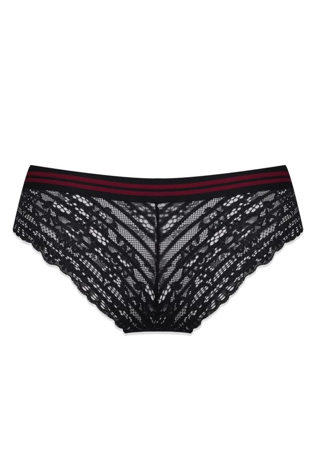 Kadın 3'lü Çizgili Lastikli Dantelli Külot Lacivertbordosiyah - M