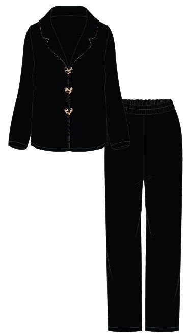 Kadın Yumuşak Dokulu Leopar Desenli Fiyonklu Uzun Kollu Gömlek Yaka Pijama Takımı Siyah - L/XL