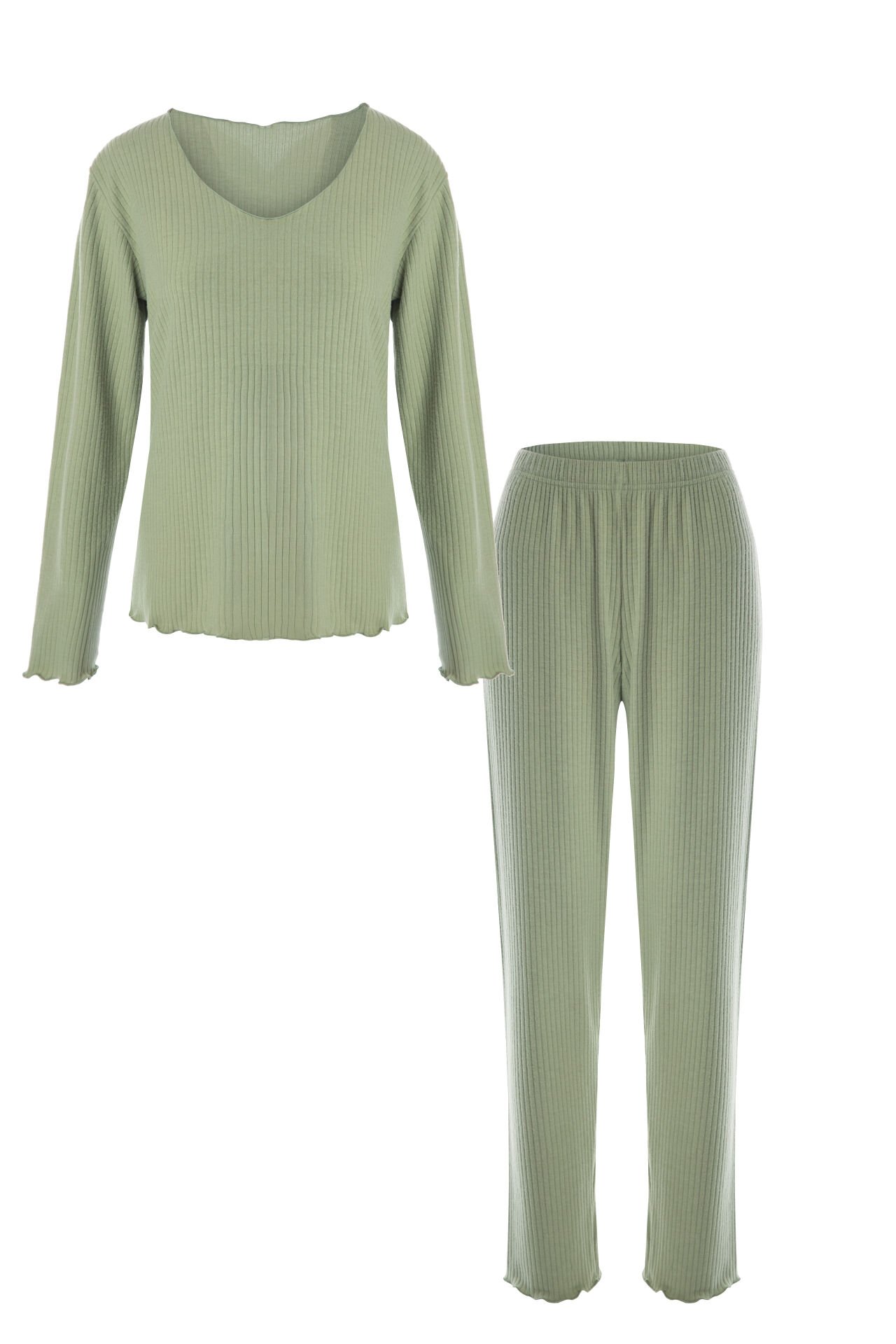 Kadın Yumuşak Dokulu Fitilli Süs Dikişli Soft Touch Pijama Takımı Yeşil - L