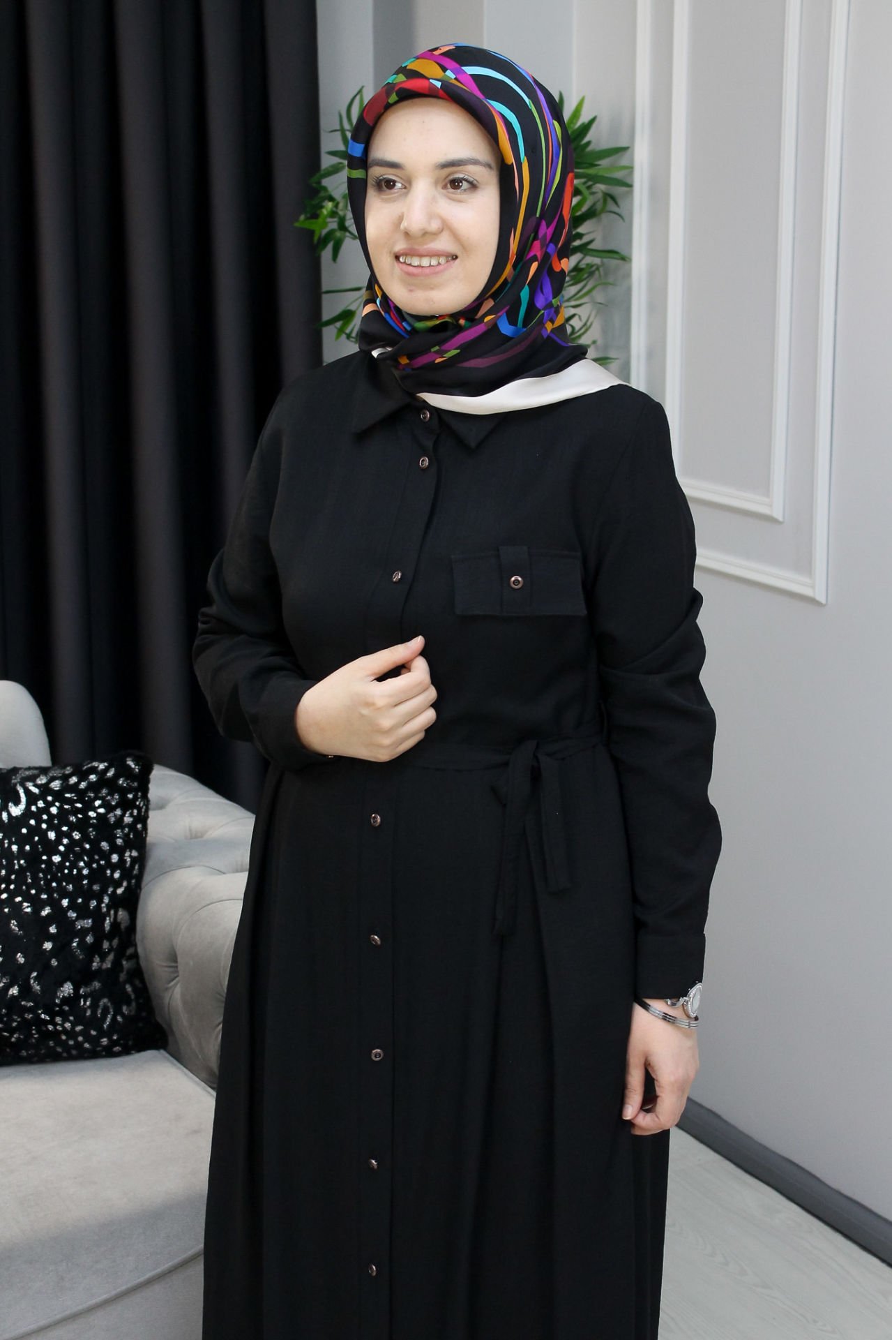 FREE MOOD Düğme Detaylı Kuşaklı Elbise MAVİ - 46