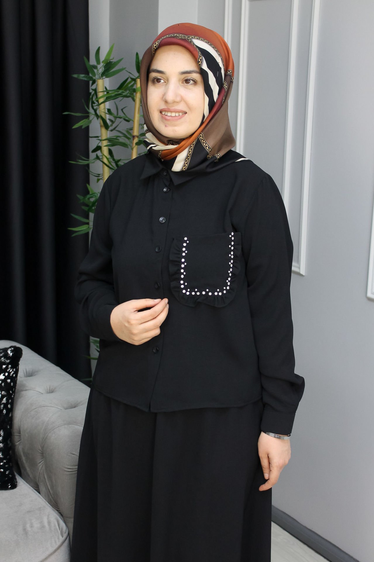 EYLÜL Cebi Fırfırlı Linda Kumaş Etekli Takım 44 - KAHVERENGİ