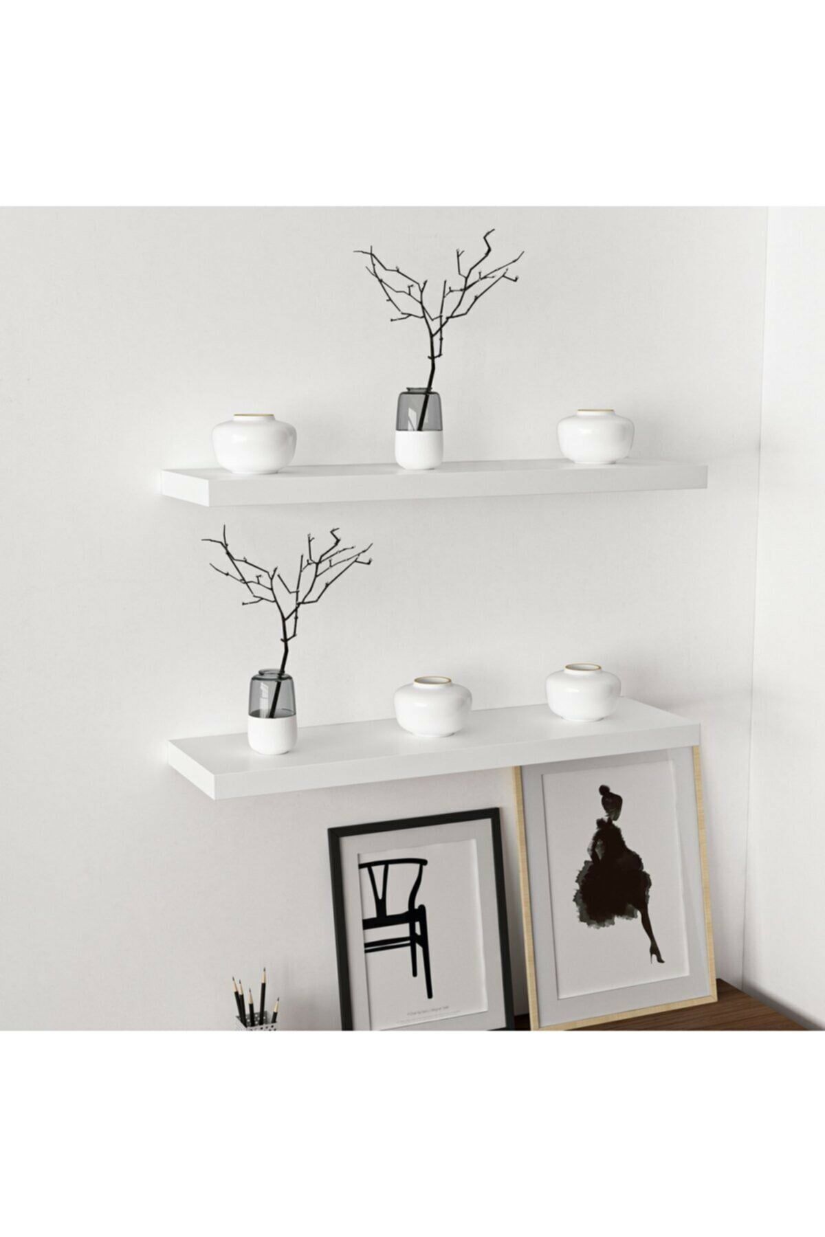Meşe Uçan Duvar Rafı 2 Li Set Gizli Raf(50-50) beyaz