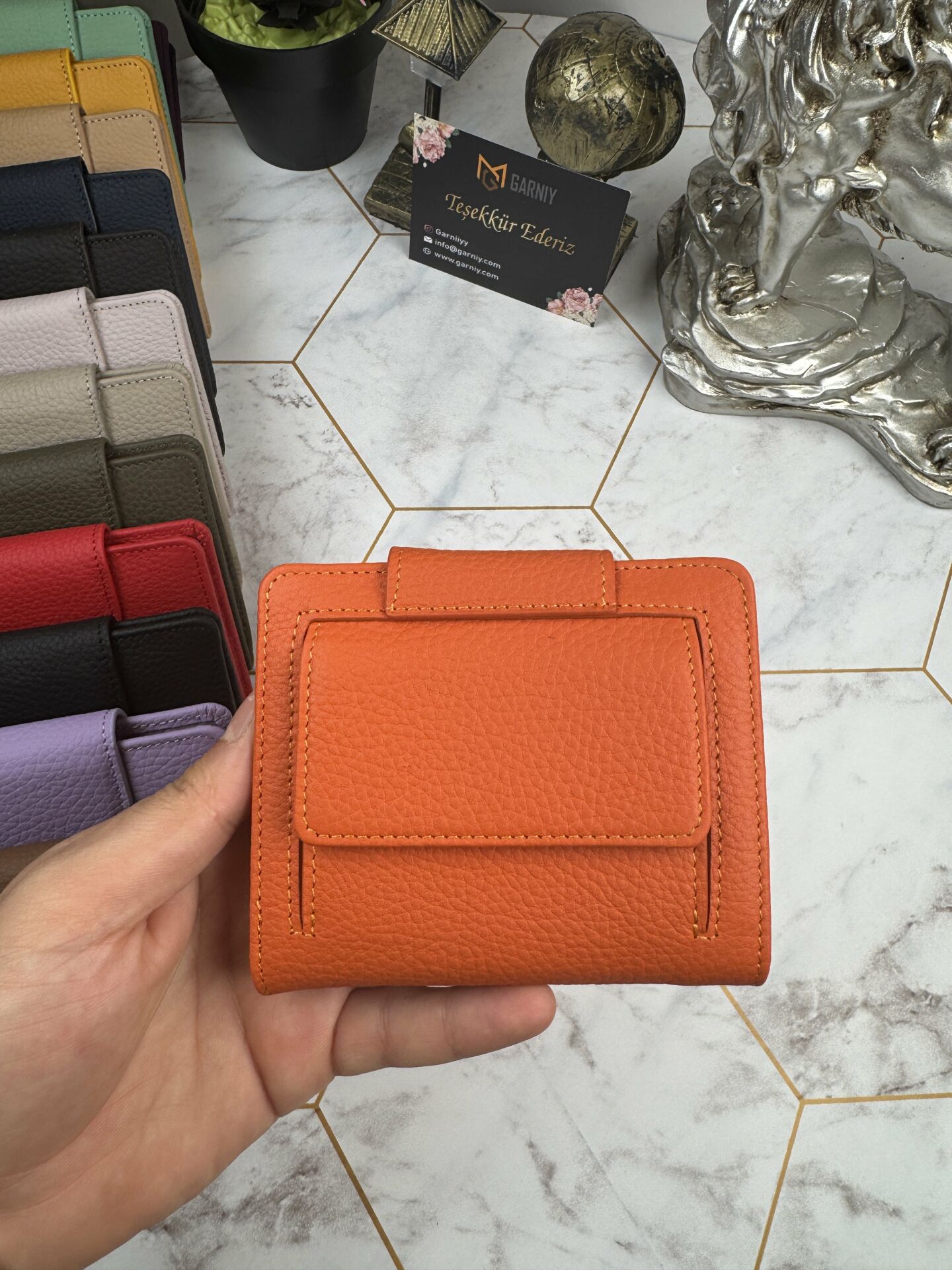 Bozuk Para Bölmeli Çıtçıtlı Şık Hakiki Deri Turuncu Kadın Cüzdan 38718