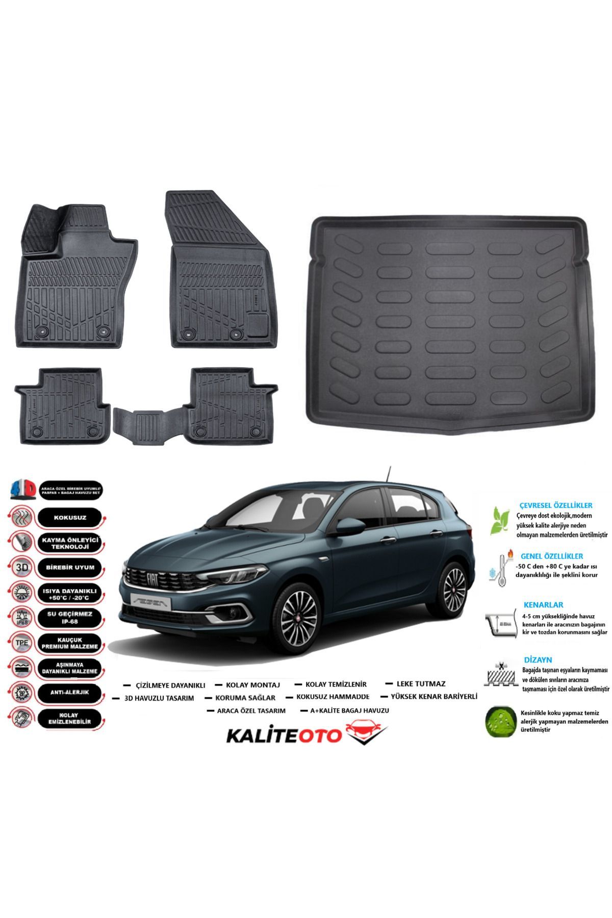 Fiat Egea Hatchback 2015 Model Stepneli Esnek Bagaj Havuzu Araca Özel Siyah Paspas Takımı
