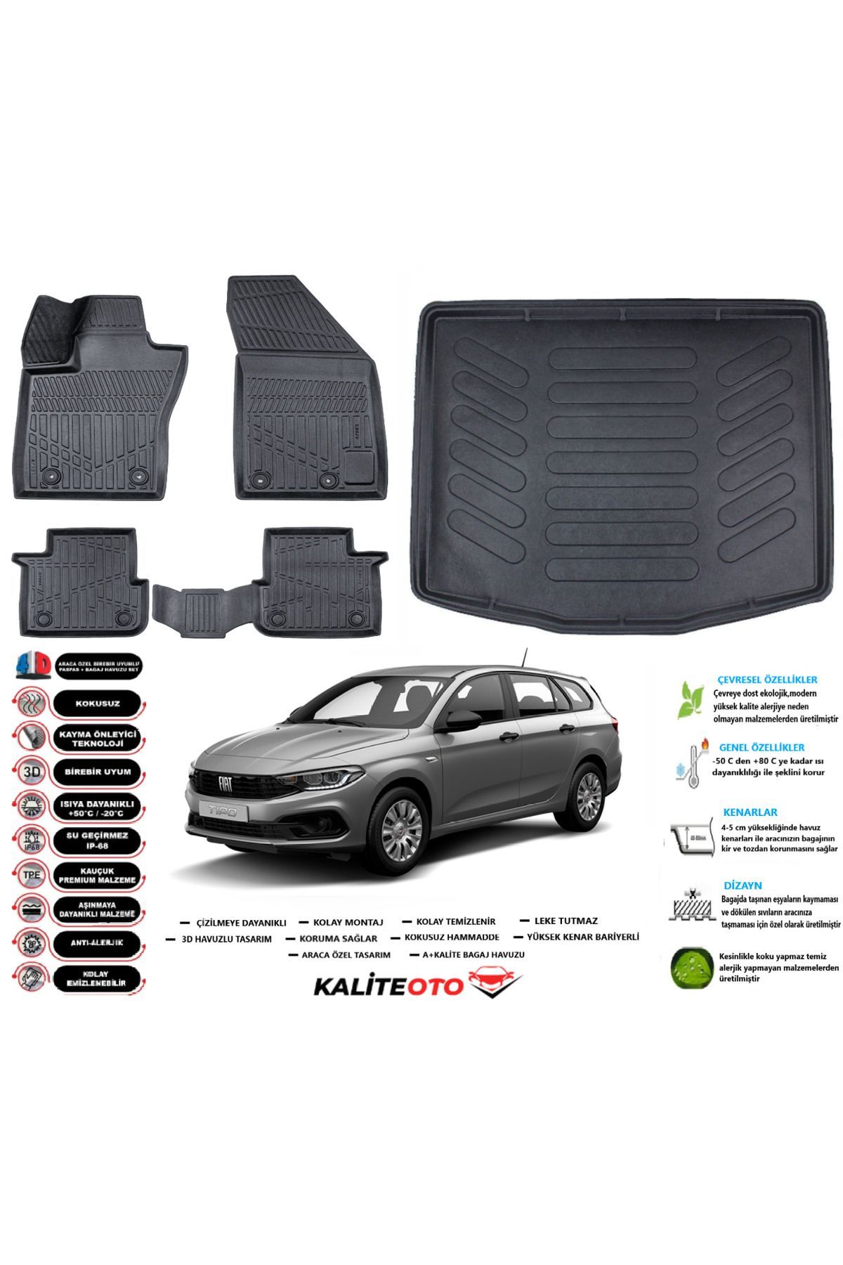 Fiat Egea Station Vagon 2015 Model Alt Esnek Bagaj Havuzu Araca Özel Siyah Paspas Takımı
