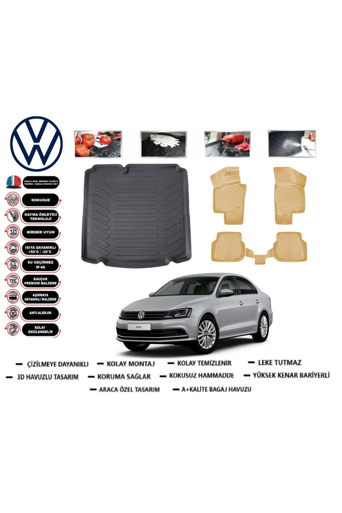 Volkswagen Jetta 2016 Model Cepsiz Bagaj Havuzu+Araca Özel Bej Paspas Takımı Flex