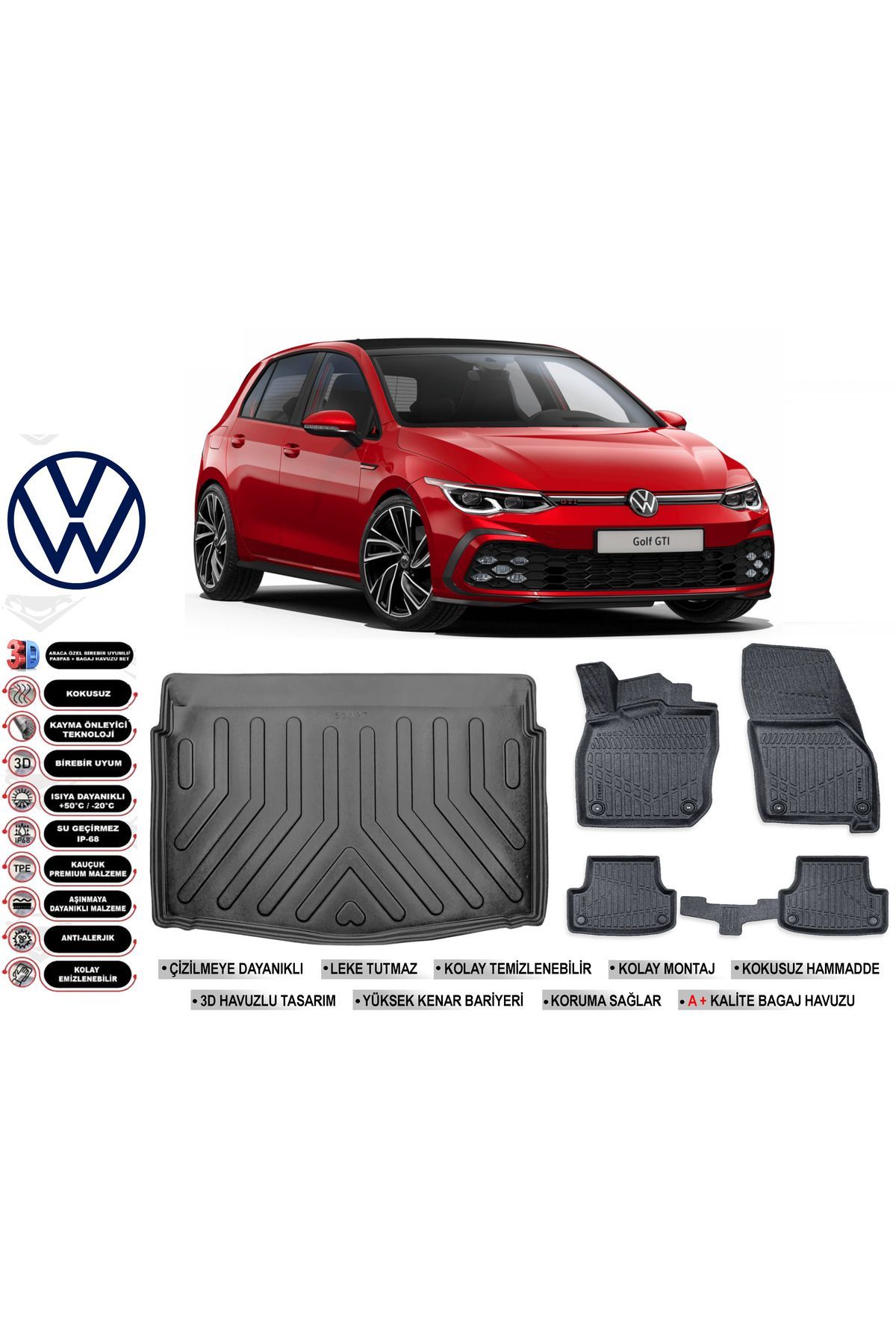 Volkswagen Golf 8 Otomatik 2021 Model Alt Bagaj Havuzu Araca Özel Siyah Ekstra Havuzlu Paspas Takımı