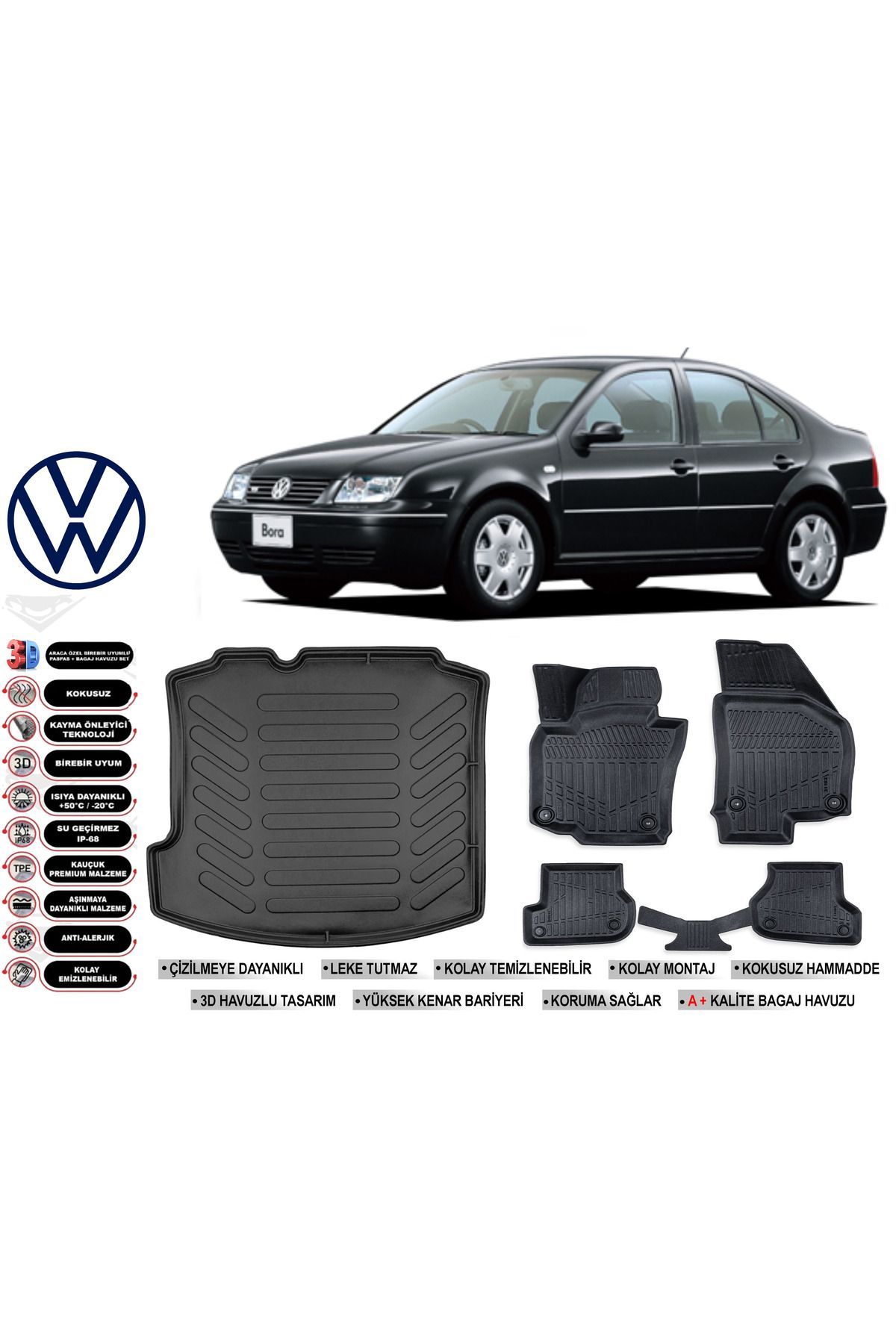 Volkswagen Bora 2004 Model Bagaj Havuzu Araca Özel Siyah Ekstra Havuzlu Paspas Takımı