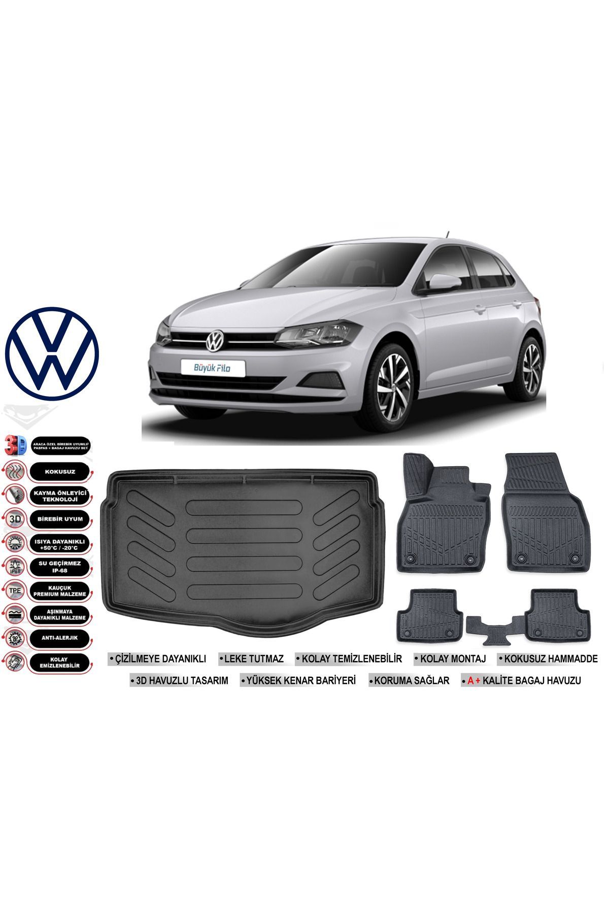 Volkswagen Polo 2019 Model Alt Bagaj Havuzu Araca Özel Siyah Ekstra Havuzlu Paspas Takımı