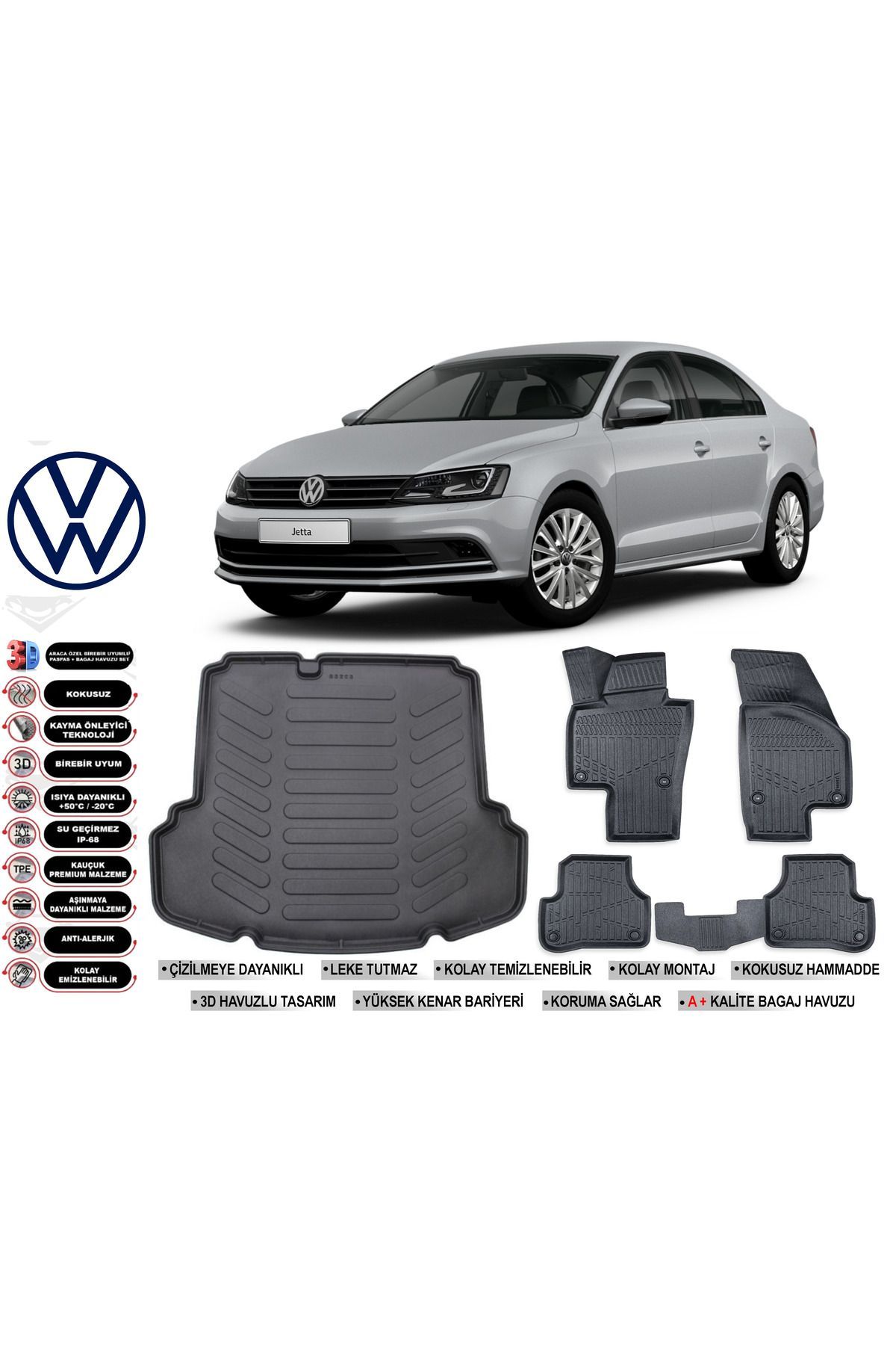 Volkswagen Jetta 2018 Model Cepli Bagaj Havuzu Araca Özel Siyah Havuzlu Paspas Takımı Sett