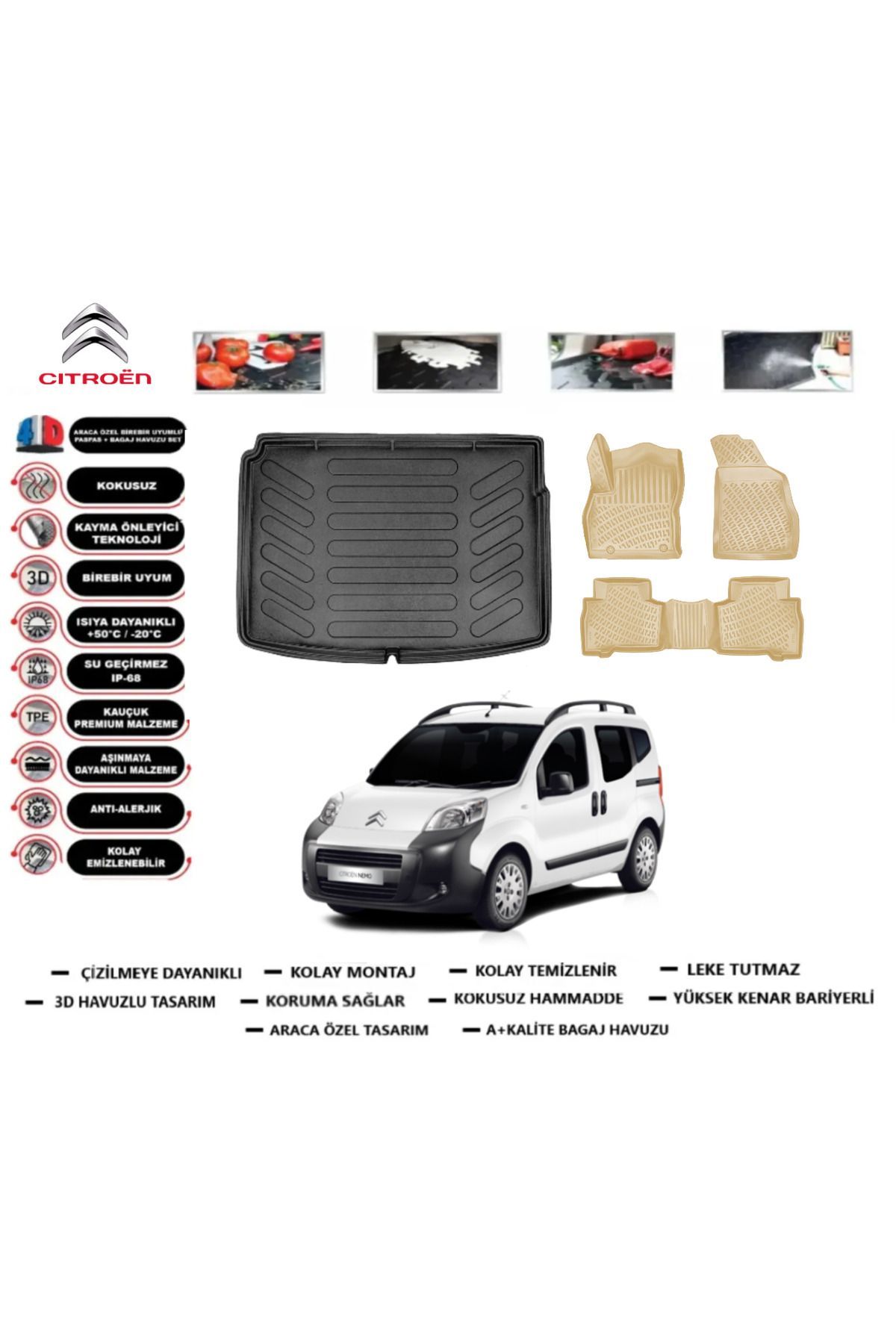 Citroen Nemo 2008 Model Bagaj Havuzu(paspası)+Araca Özel Bej Paspas Takımı Flex