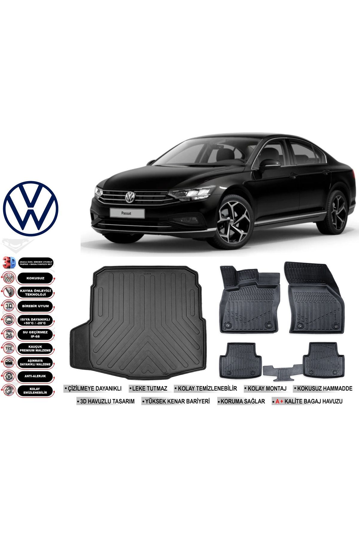 Volkswagen Passat B8 İmpression 2022 Model Bagaj Havuzu Araca Özel Siyah Havuzlu Paspas Takımı Sett
