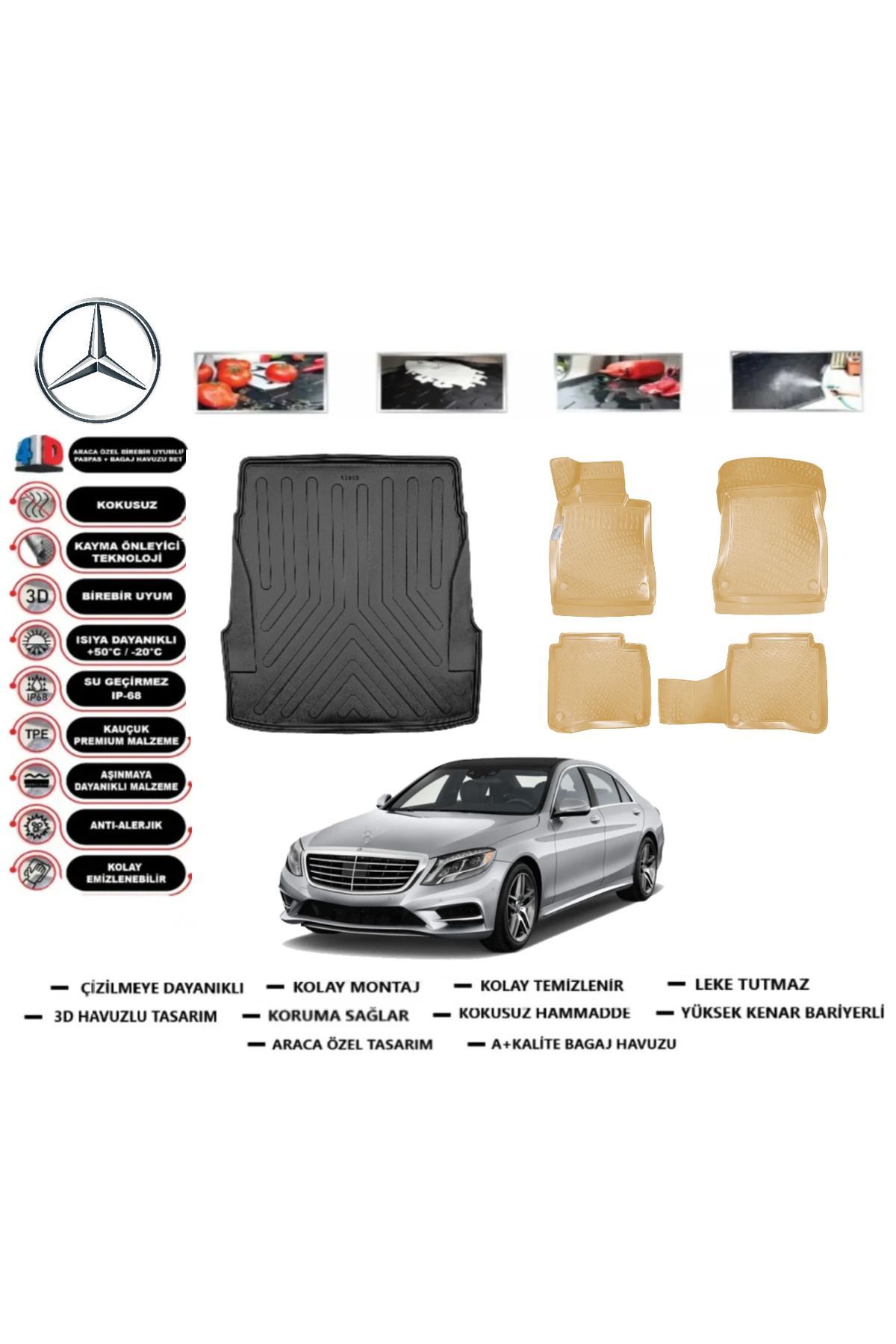 Mercedes S serisi W 222 Long 2016 Model Bagaj Havuzu+Araca Özel Bej Paspas Takımı Flex